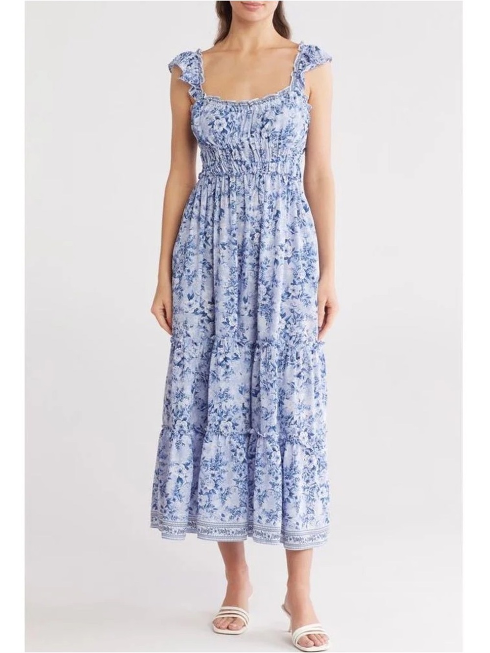 Max Studio Ruffle Cap Sleeve Tiered Maxi Dress, Light Blue Floral, Size Small